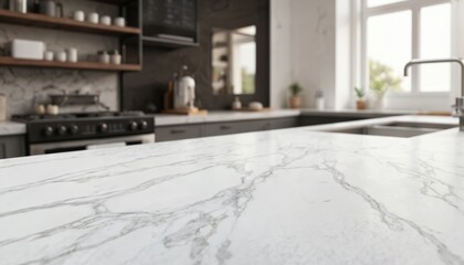 White marble countertop with grey veining in modern kitchen. Blurred cafe background shows stainless steel sink, faucet, window. Clean tabletop surface for product display. Luxury interior design.