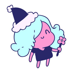 hand drawn christmas cartoon of kawaii girl in bright neon color