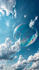 Soap bubble floating freely in a blue sky with clouds