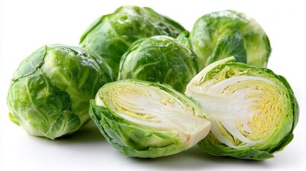 Fototapeta premium Brussels sprout halves shown against a white backdrop