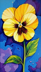 Vivid yellow pansy with green leaves against a blue and purple artistic backdrop showcases the beauty of nature.
