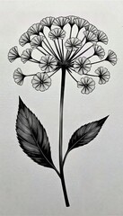 Beautiful botanical illustration of a flowering plant showcases delicate petals and detailed leaves in a monochrome artwork