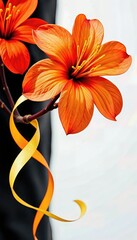 Close-up showcases the vibrant orange petals and delicate yellow stamen of a beautiful flower, complemented by a flowing ribbon.