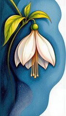 Delicate white flower with green leaves against a deep blue background evoking peace and tranquility