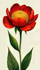 Exquisite red wildflower with a vibrant yellow center and verdant green leaves, a botanical illustration of floral beauty.