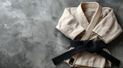 Flat lay of martial arts outfit with black belt on grey stone backdrop, with space for custom text