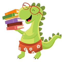 Cute Dinosaur Holding Pile Of Books