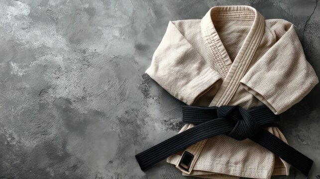 Flat lay of martial arts outfit with black belt on grey stone backdrop, with space for custom text