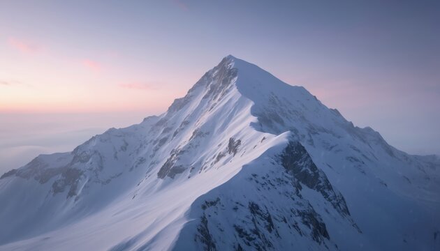 Majestic snow-covered mountain peak bathed in soft dawn light. Serene winter landscape with gentle clouds and a pastel sky. Invites adventure, hiking, and appreciation of natural beauty.