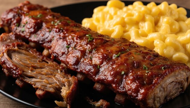 Juicy barbecued pork ribs glazed with sweet BBQ sauce rest beside creamy mac and cheese on black plate. This delicious American comfort food meal, seasoned perfectly, offers taste of homemade cuisine. - Powered by Adobe
