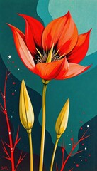 Vivid red tulip blossom illustration showcases artistic floral beauty against a deep turquoise and dark green backdrop.