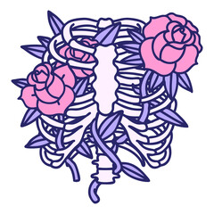 iconic tattoo style image of a rib cage and flowers in bright neon color