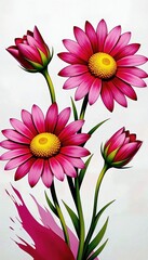 Vivid pink daisy blossoms with bright yellow centers and lush green stems bloom against a clean white backdrop.