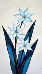 Elegant floral artwork features three blue and white stylized flowers with striking blue foliage on a soft background.