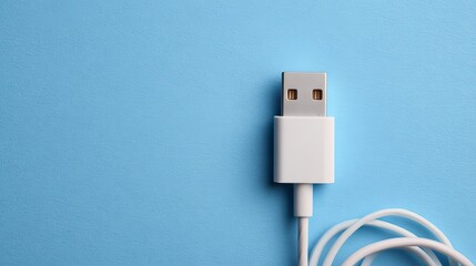 Fototapeta premium Flat lay of USB charger on soft blue background with space reserved for text