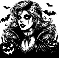 black and white halloween style art of a spooky vampire character perfect for kids fun and scary halloween design