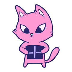 confused cartoon cat with gift in bright neon color