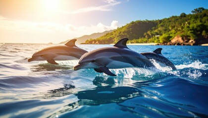 Obraz premium Dolphins leaping in a vibrant ocean scene