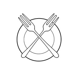 Crossed Forks on Plate: A simple line art illustration of two forks crossed over a plate, creating a minimalist design for restaurant menus or culinary branding.