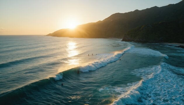 Aerial view of surfers riding ocean waves during golden sunset. Lush green mountains frame tropical coastline, creating scenic landscape. Sunlight reflects on blue water, offering view of paradise.