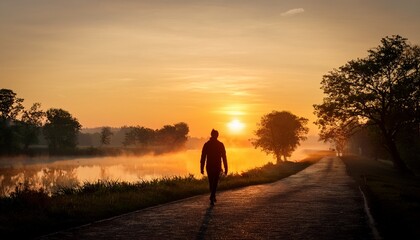 walking along the river at dawn with silhouettes
