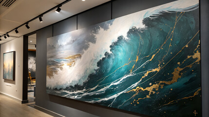 Abstract Ocean Wave Painting Teal, Gold, and White Canvas Art