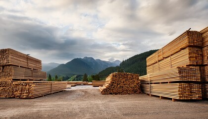 stacks of lumber at outdoor timber yard on cloudy day with mountains in background