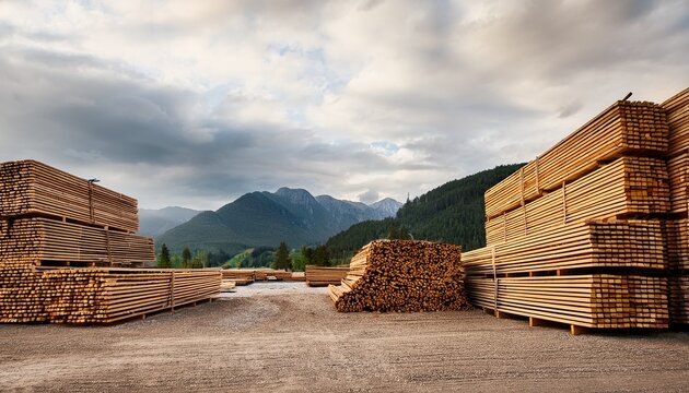 stacks of lumber at outdoor timber yard on cloudy day with mountains in background - Powered by Adobe