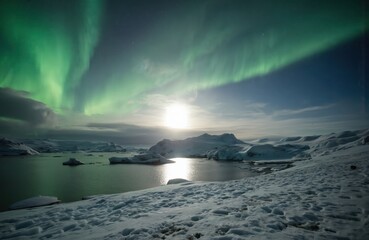 Fototapeta premium Glistening icebergs float in Arctic waters under midnight sun. Vibrant green aurora borealis dances across starry night sky. Snow-covered landscape, glacial formations, natural light phenomena create