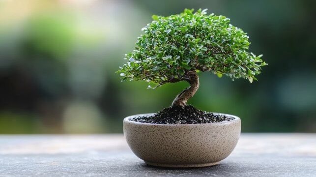 Showcasing delicate bonsai seedling carefully shaped leaves and strong trunk, advertisement highlights its elegance in shallow ceramic pot