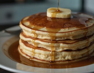 Golden brown stack of fluffy pancakes, generously drizzled with warm maple syrup, topped with butter. Close-up shot captures delicious texture, syrupy sweetness perfect for breakfast brunch