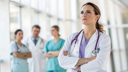 Female doctor with medical team in hospital looking ahead at healthcare future
