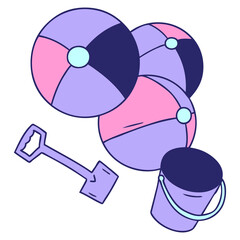 hand drawn cartoon doodle beach balls with a bucket and spade in bright neon color