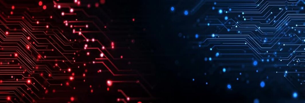 Blue circuit board background vector banner with space for text, digital technology concept design, dark blue and light red colors Generative AI