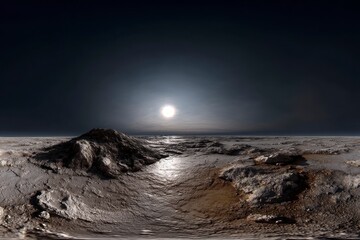 Eerie, extraterrestrial panorama showcasing a rugged landscape with a solitary mountain under a dim sun, evokes a sense of desolation. © WFStock1