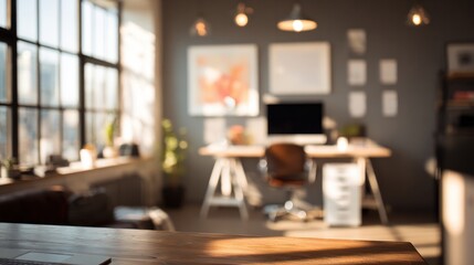 Out-of-focus workspace showcasing a comfortable office interior