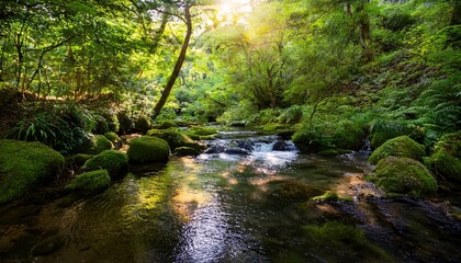 crystal clear water source flowing through lush green forest surrounded by vibrant foliage and soft light filtering