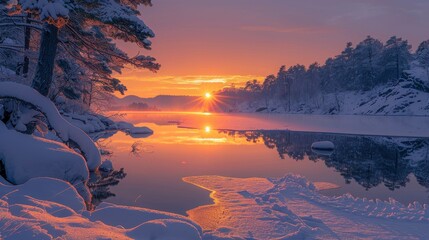 Golden sunset reflects on tranquil, icy lake surrounded by snow-covered evergreen trees