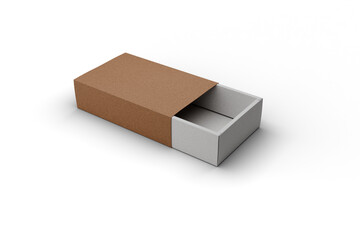 Kraft sliding box with white interior, angled view, isolated on transparent background with soft shadow