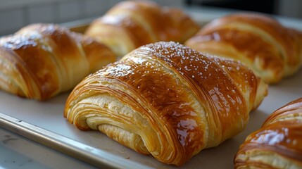 Six croissants freshly baked on a metal sheet, shiny golden brown, with sugared tops