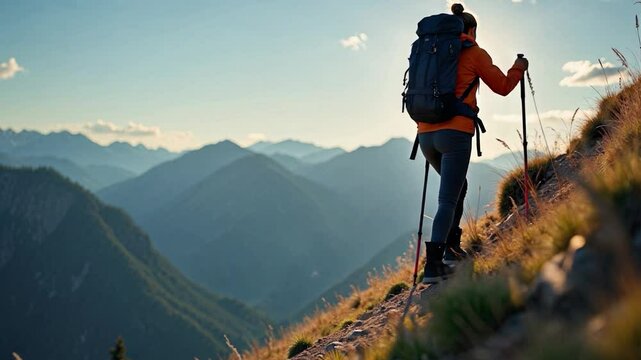 A woman is hiking up a mountain with a backpack and a pair of poles. The mountains in the background are covered in snow, and the woman is wearing a bright orange jacket