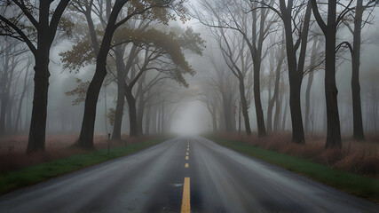 Fototapeta premium Foggy morning road with no cars, surrounded by trees, soft pastel tones