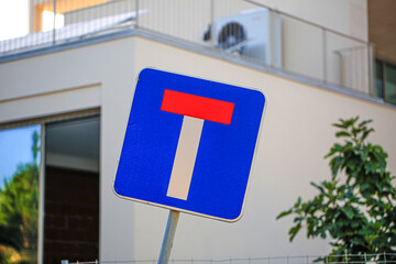 Close-up of a dead-end road sign (no through road) with a modern residential building and foliage...
