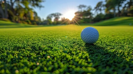 Golf ball close-up on a bright green putting green with a sunrise and trees in background