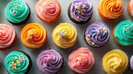 Top view of cupcakes with vibrant buttercream frosting, colorful decorations, and clean background