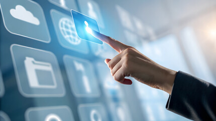 Interactive User Interface Finger Taps Digital Profile Icon on Futuristic Screen