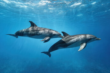 Fototapeta premium Two dolphins swim together in clear blue ocean water. Sunlight rays filter down from surface, illuminating intelligent marine mammals as glide through deep sea. Realistic depiction captures playful