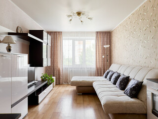 Fototapeta premium interior design. interior photography of an apartment for rent. One-room apartment with a simple and cozy design. High quality photo