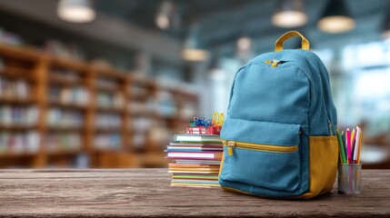 School backpack with stationery on wooden table in a library setting, with space for text