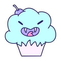 cartoon of a spooky halloween vampire muffin in bright neon color